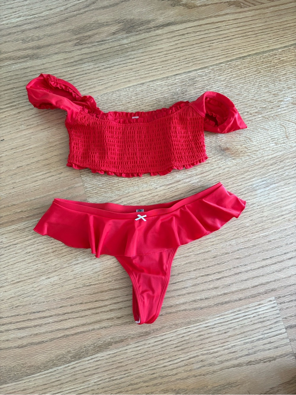 Frankie's Bikinis Red Ruffle Smocked Off-Shoulder Two-Piece bikini